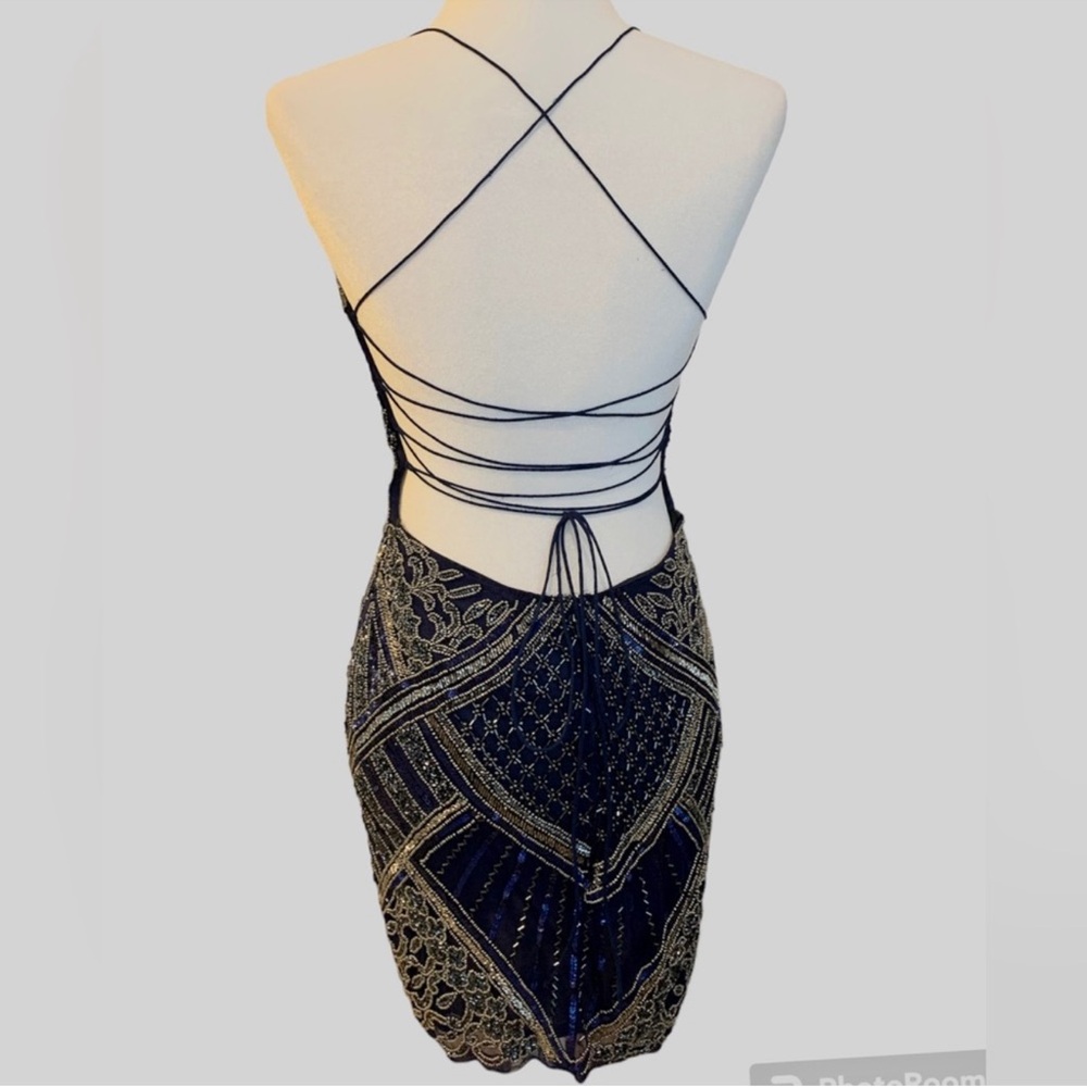 Primavera Couture Blue and Gold Bodycon Mini Dress for Cocktail - Picture 5 of 5
